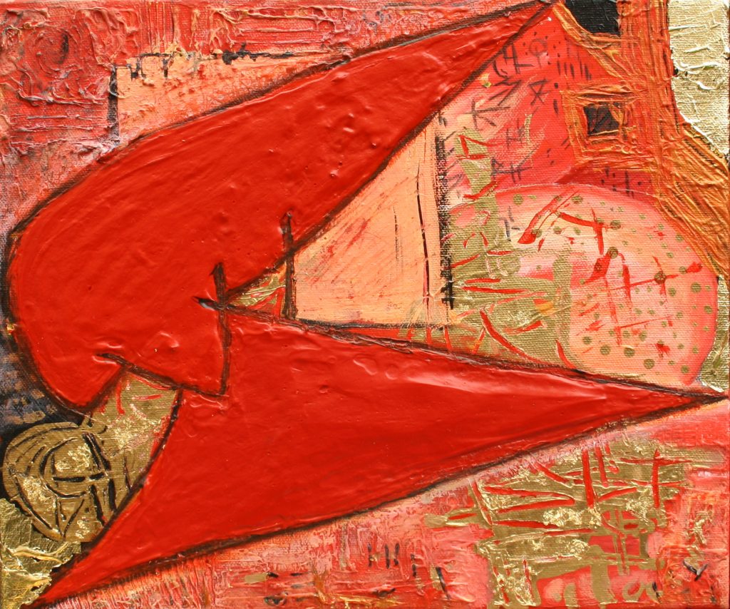Red Rockets, 2015, Acrylic and Gold Leaf on Canvas by British artist Michael Butler