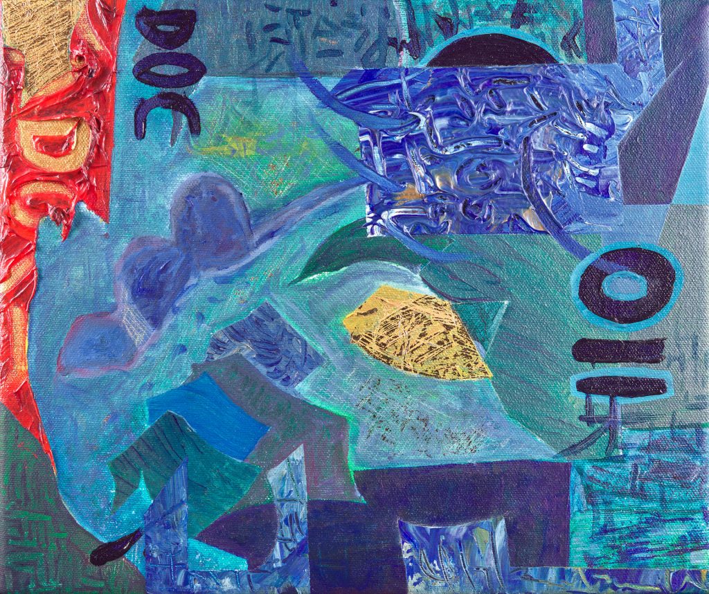 'Carolina blue kicks, pedal to the metal' , 2018, Acrylic and Gold Leaf on Canvas by British artist Michael Butler